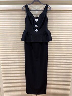 NWOT Roland Mouret Black Peplum Maxi Dress with Contrast Buttons, Size US 6